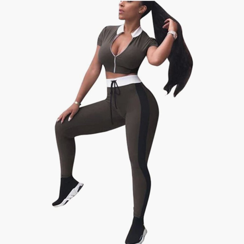 Women Gray Striped 2 Piece Tracksuit Crop Top High Waist Bodycon Pants L